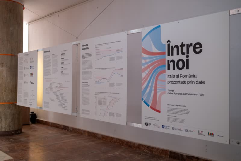 The first four Între noi panels along a white wall: partners, methodology, the philosophy of the show and the title panel.