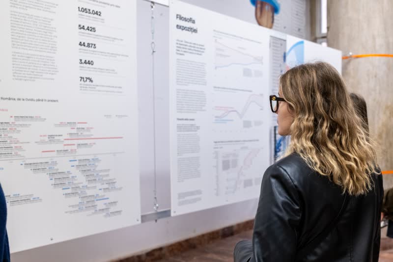 A visitor in glasses reads the methodology and philosophy panels.