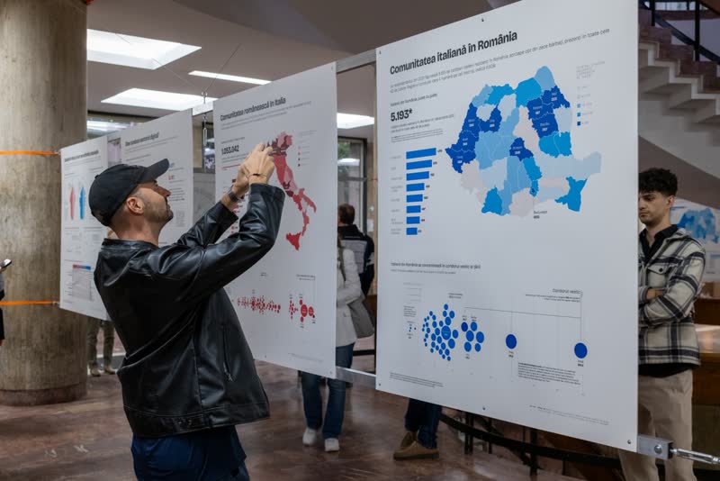 A visitor photographs the panel on the Romanian community in Italy.