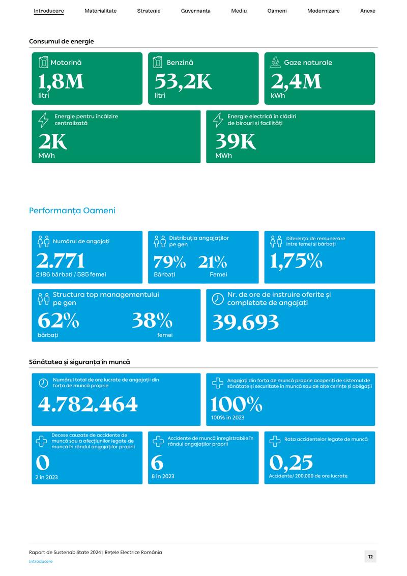 Page 12: green and blue KPI tiles for energy consumption, workforce and safety indicators.