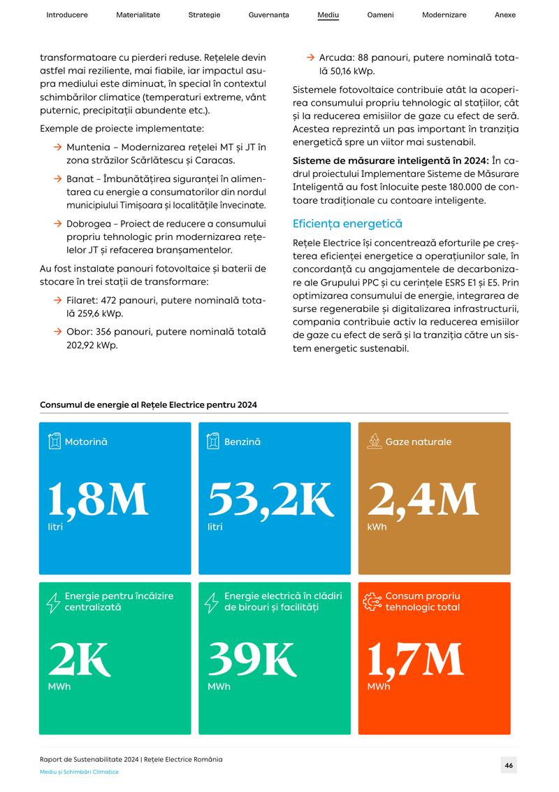 Page 46: a grid of large green, ochre and orange tiles for energy consumption by source in 2024.